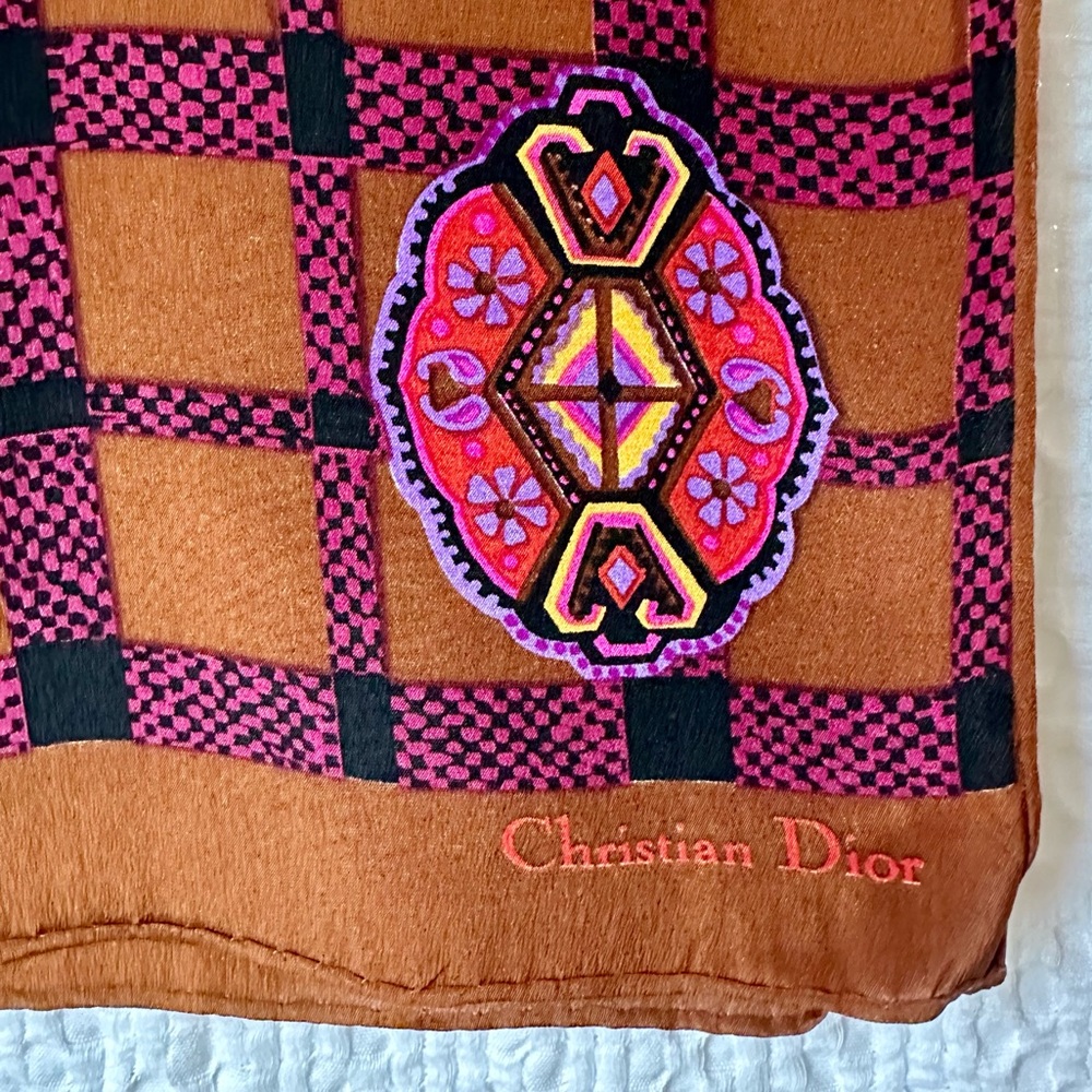 Vintage Christian Dior Silk Scarf Brown Pink Geometric Logo Signed